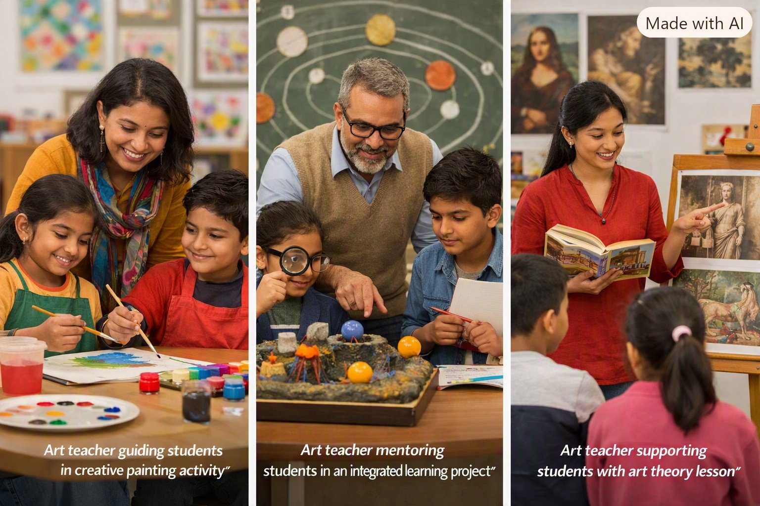 Indian art teacher guiding students in creative painting activity in a colorful classroom.