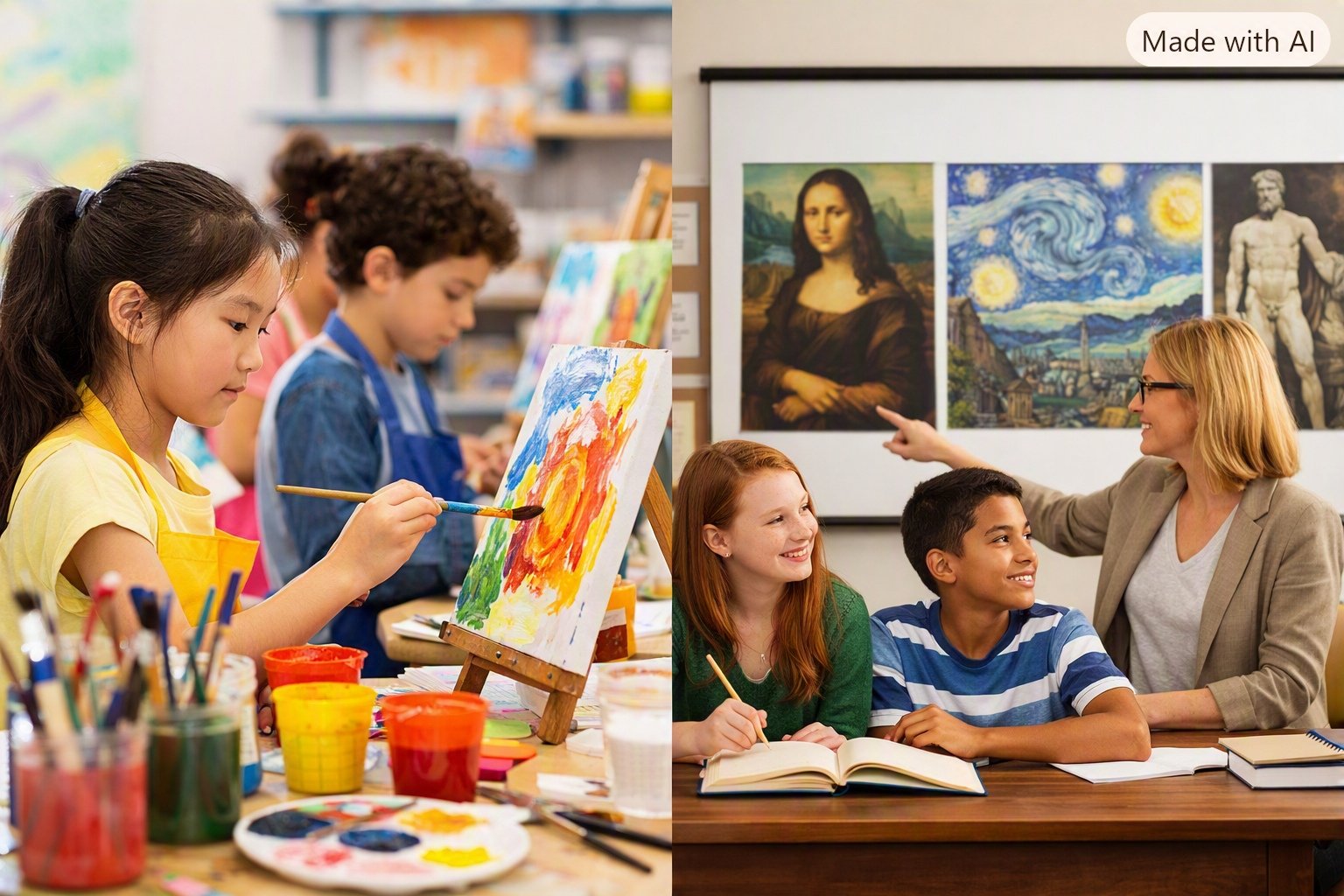Indian art teacher mentoring students in an integrated learning project combining art and science.
